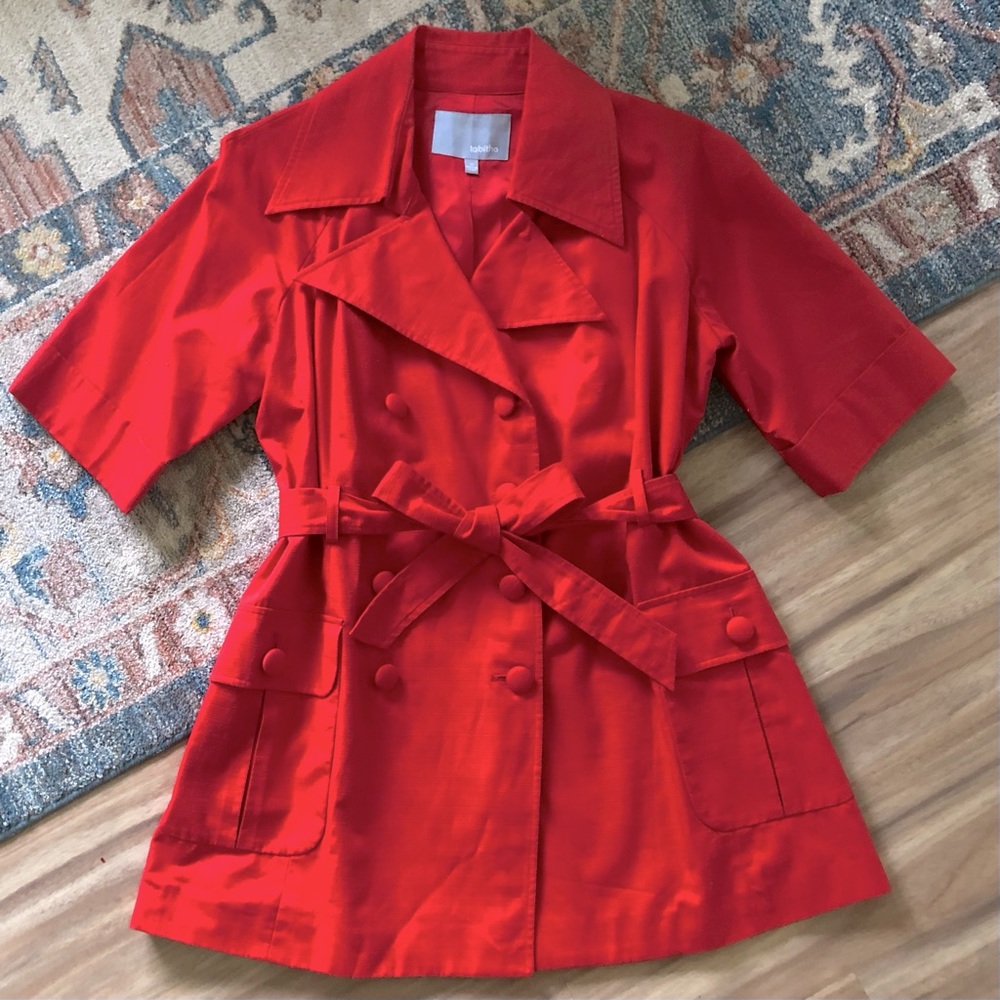 Anthropologie tabitha red short sleeve belted jacket with lace up back.